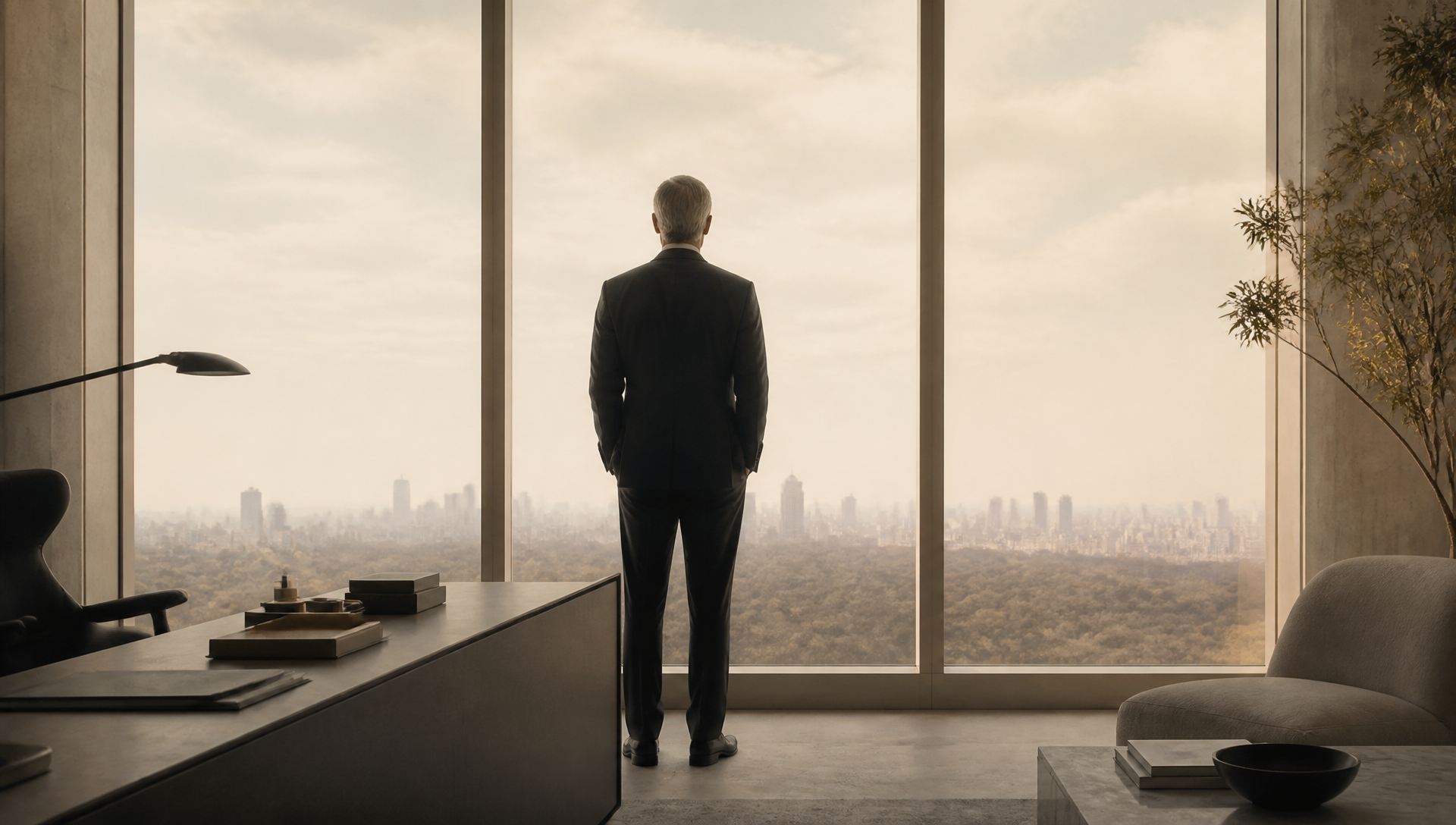 A senior leader reflecting at a floor-to-ceiling window