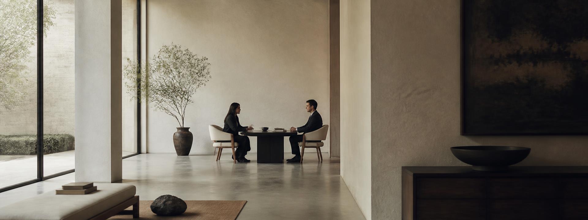 Two executives in confidential conversation across a table